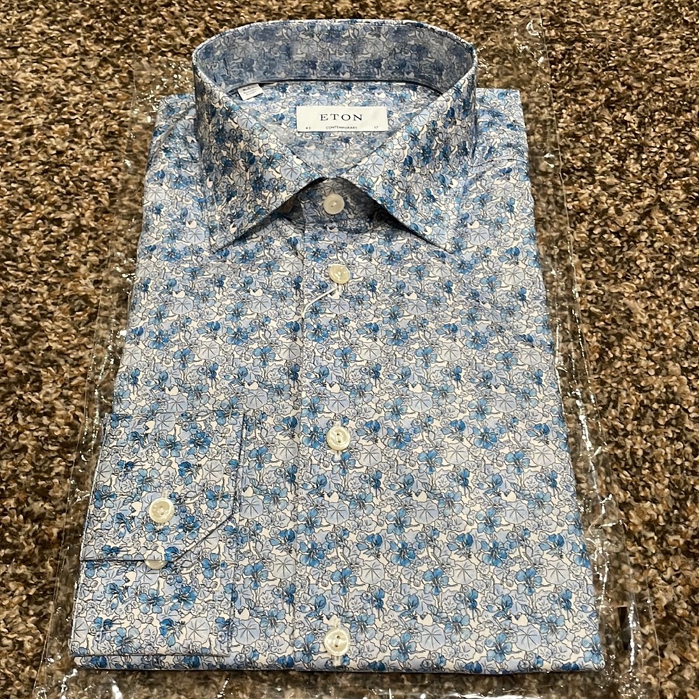 BRAND NEW-Eton Blue floral print twill shirt-size: 17/43